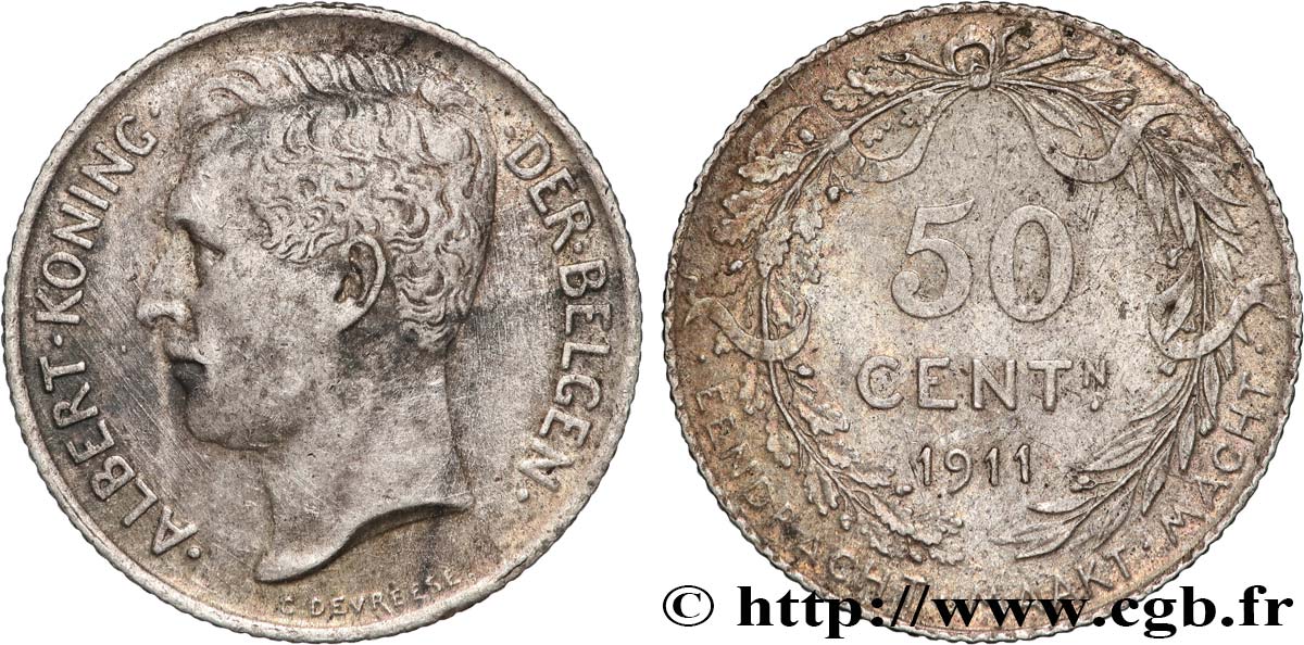 BÉLGICA 50 Centimes Albert Ier légende en flamand 1911  BC+ 