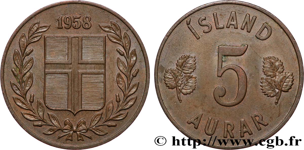 ISLANDE 5 Aurar 1958 Londres SUP 