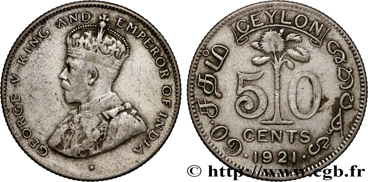 CEYLON 50 Cents Georges V 1921 Bombay q.BB 