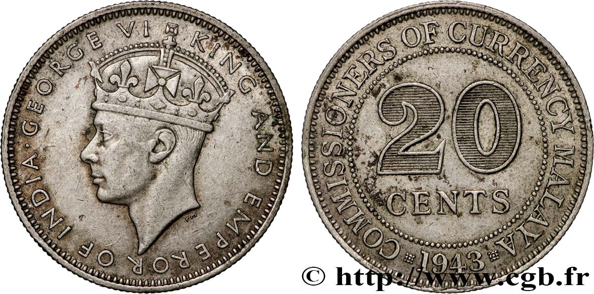 MALAYA 20 Cents Commission Monétaire de Malaisie Georges VI 1943  fVZ 