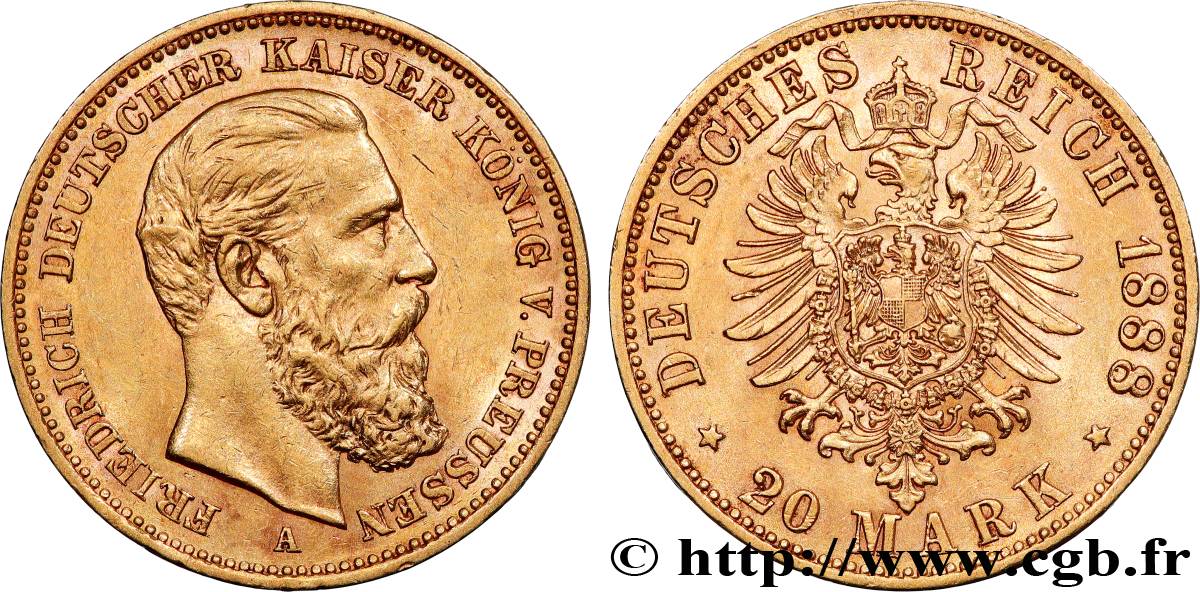 GERMANY - KINGDOM OF PRUSSIA - FREDERICK III 20 Mark  1888 Berlin AU 