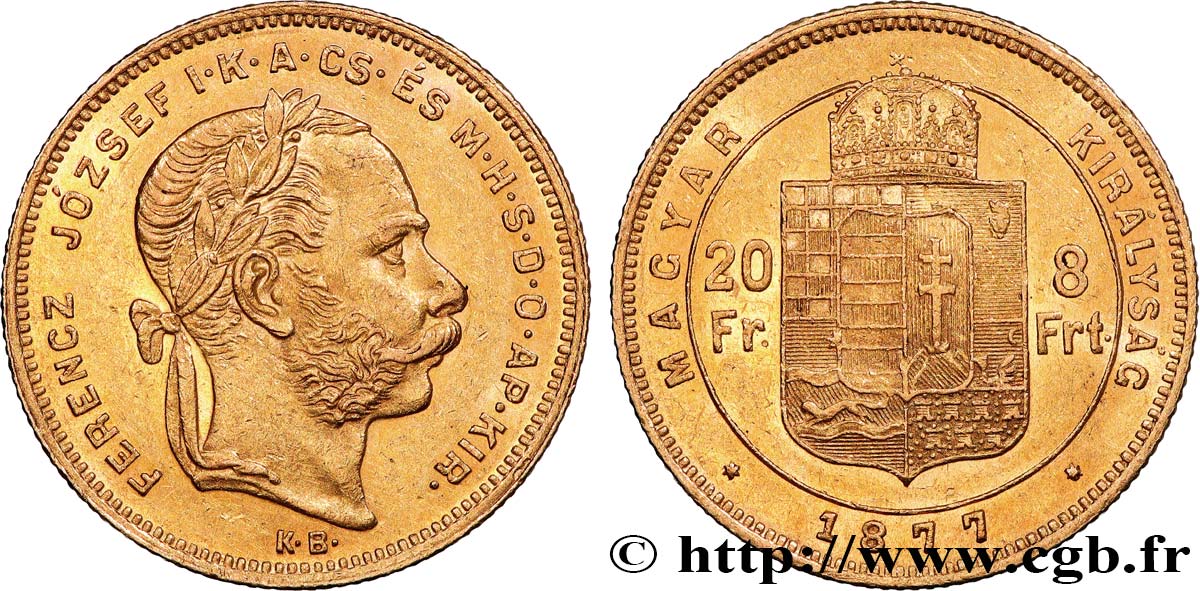 HONGRIE 20 Francs or ou 8 Forint, 1e type François-Joseph Ier 1877 Kremnitz TTB+ 