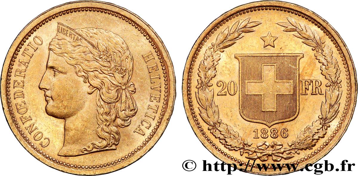 SCHWEIZ 20 Francs Helvetia 1886 Berne fVZ 