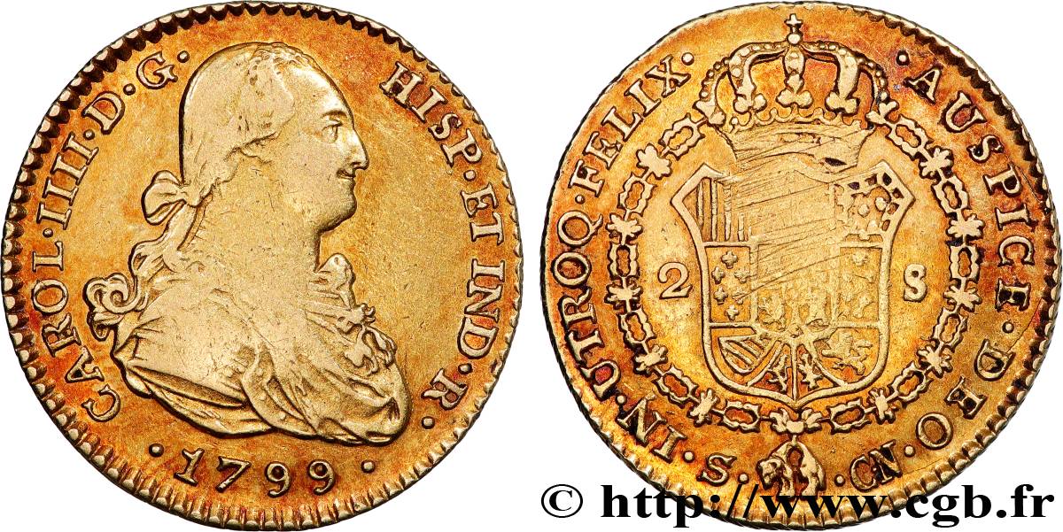 ESPAGNE - ROYAUME D ESPAGNE - CHARLES IV 2 Escudos  1799 Séville TTB 