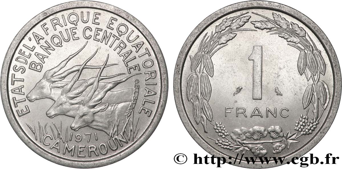 ÉTATS DE L AFRIQUE ÉQUATORIALE 1 Franc antilopes 1971 Paris SUP+ 