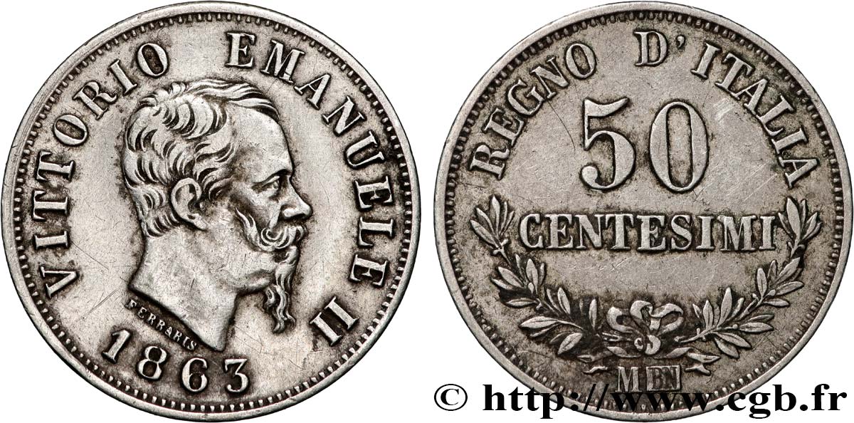 ITALIE 50 Centesimi Victor Emmanuel II 1863 Milan TTB 