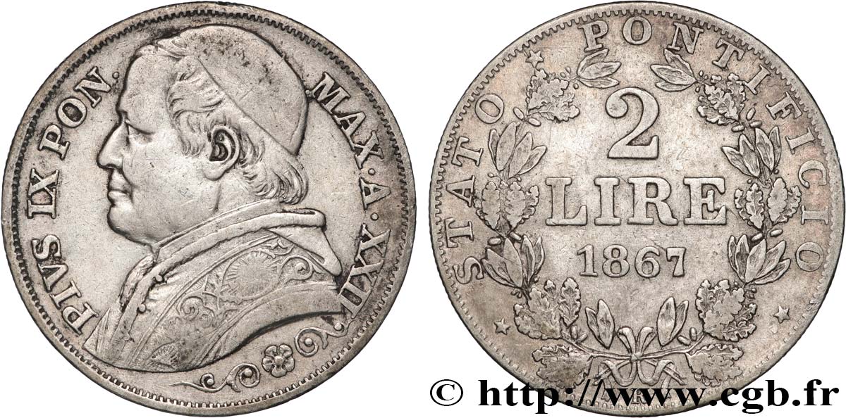 VATICAN ET ÉTATS PONTIFICAUX 2 Lire Pie IX an XXII 1867 Rome TTB 
