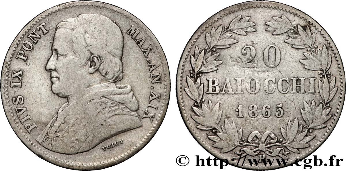 ITALIE - ÉTATS DU PAPE - PIE IX (Jean-Marie Mastai Ferretti) 20 Baiocchi an XX 1865 Rome TB 
