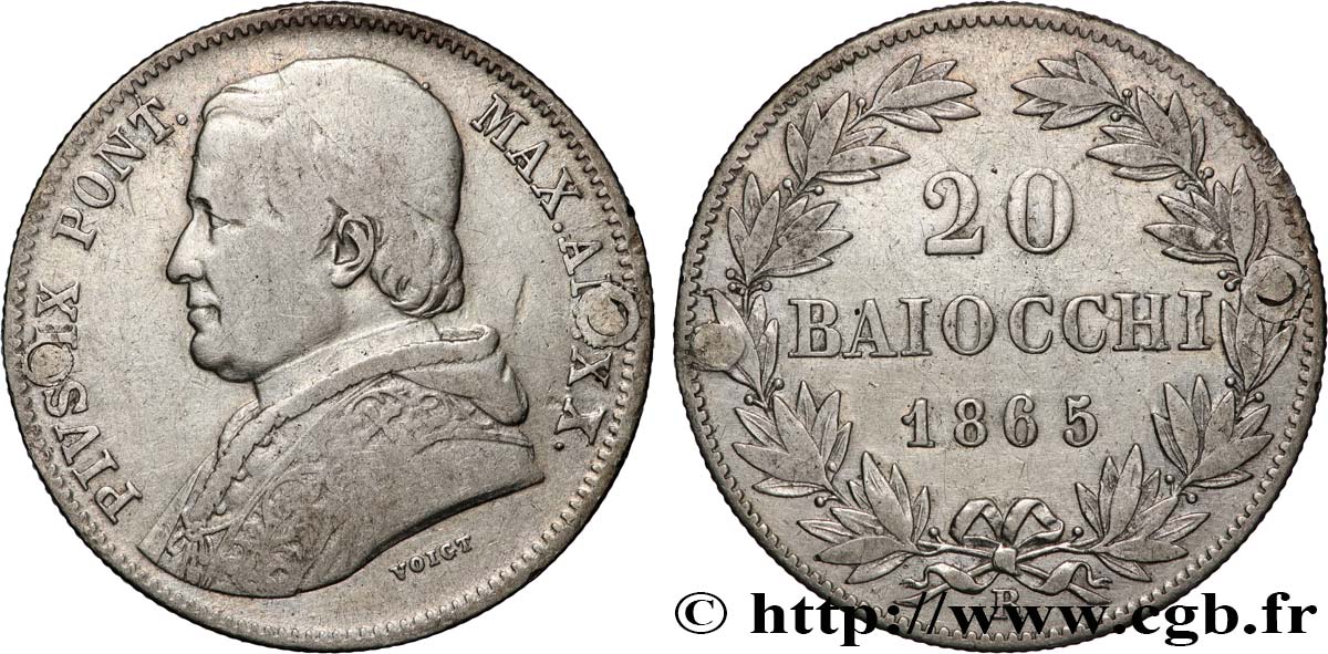ITALIE - ÉTATS DU PAPE - PIE IX (Jean-Marie Mastai Ferretti) 20 Baiocchi an XX 1865 Rome TB 