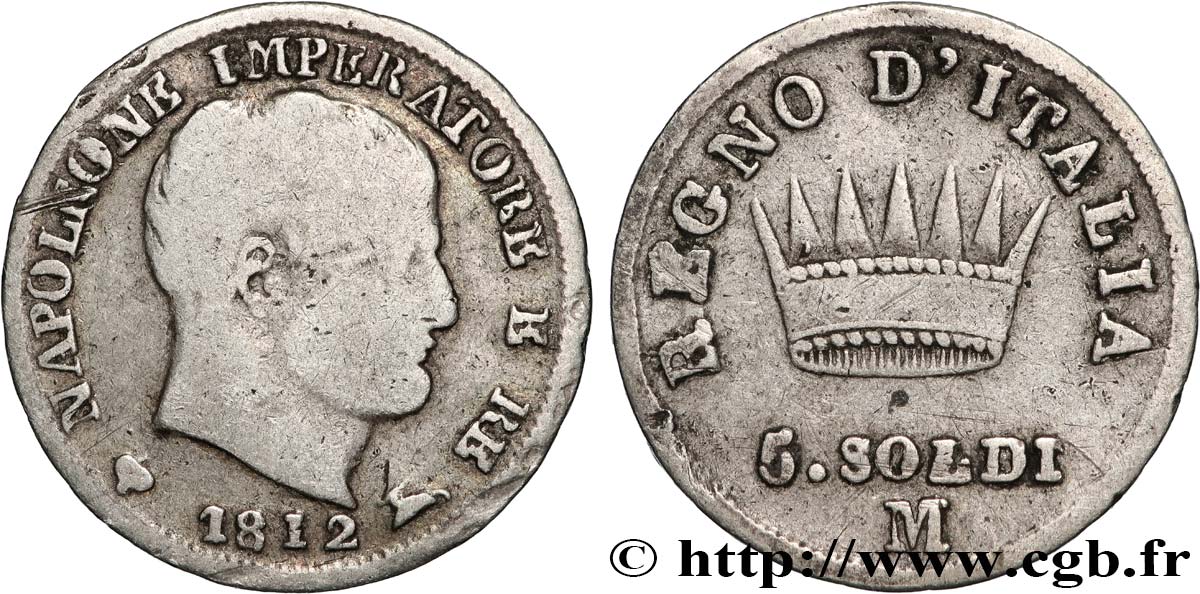ITALIE - ROYAUME D ITALIE - NAPOLÉON Ier 5 Soldi Napoléon Empereur et Roi d’Italie 1812 Milan TB 