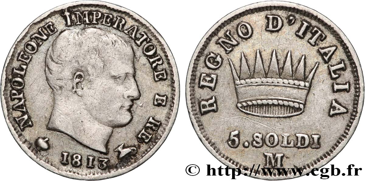 ITALIA - REINO DE ITALIA - NAPOLEóNE I 5 Soldi 1813 Milan - M BC+ 