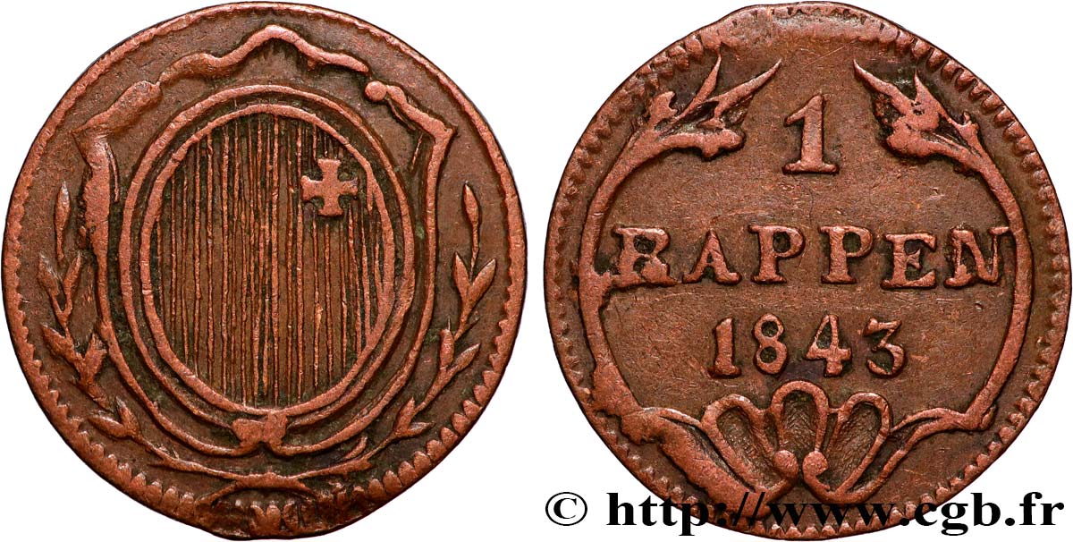 SWITZERLAND - CONFEDERATION OF HELVETIA - CANTON OF SCHWYZ 1 Rappen  1843  XF 