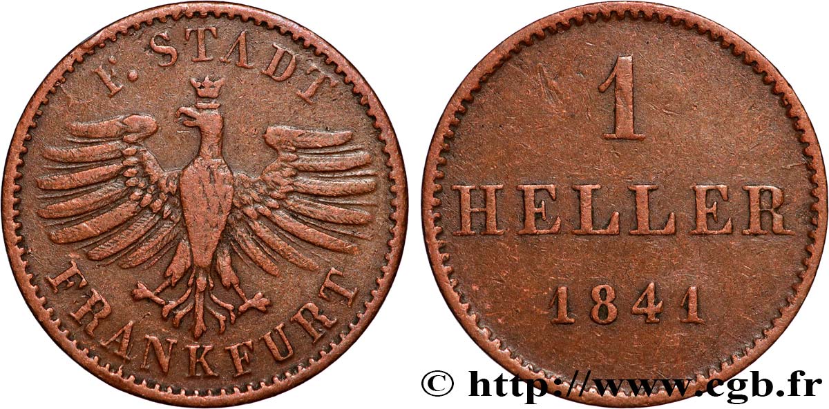 GERMANY - FRANKFURT FREE CITY 1 Heller ville libre de Francfort aigle 1844  VF 