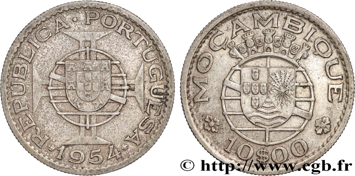 MOZAMBIQUE 10 Escudos 1954  XF 