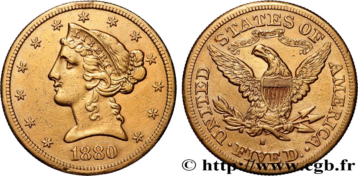 OR, PALLADIUM ET PLATINE INVESTISSEMENT 5 Dollars  Liberty  1880 San Francisco TTB+ 