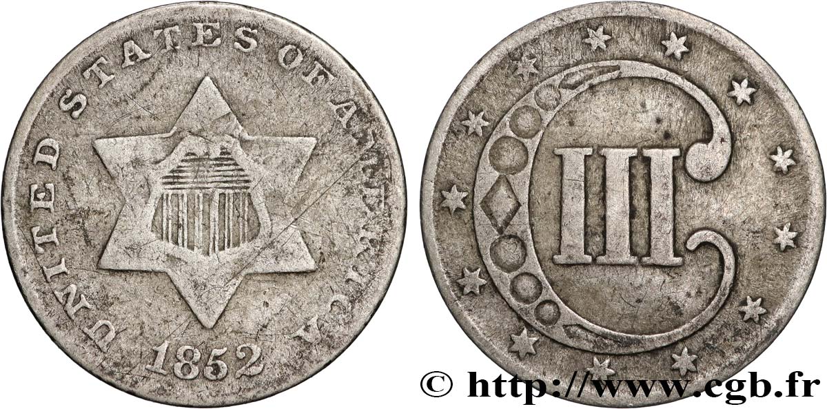 ÉTATS-UNIS D&nbsp;AMÉRIQUE 3 Cents 1852 Philadelphie TB+ 