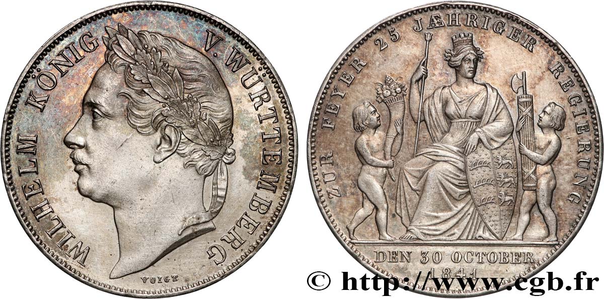 GERMANIA - WÜRTEMBERG 1 Gulden 25e anniversaire du règne de Guillaume 1841 Stuttgart SPL 