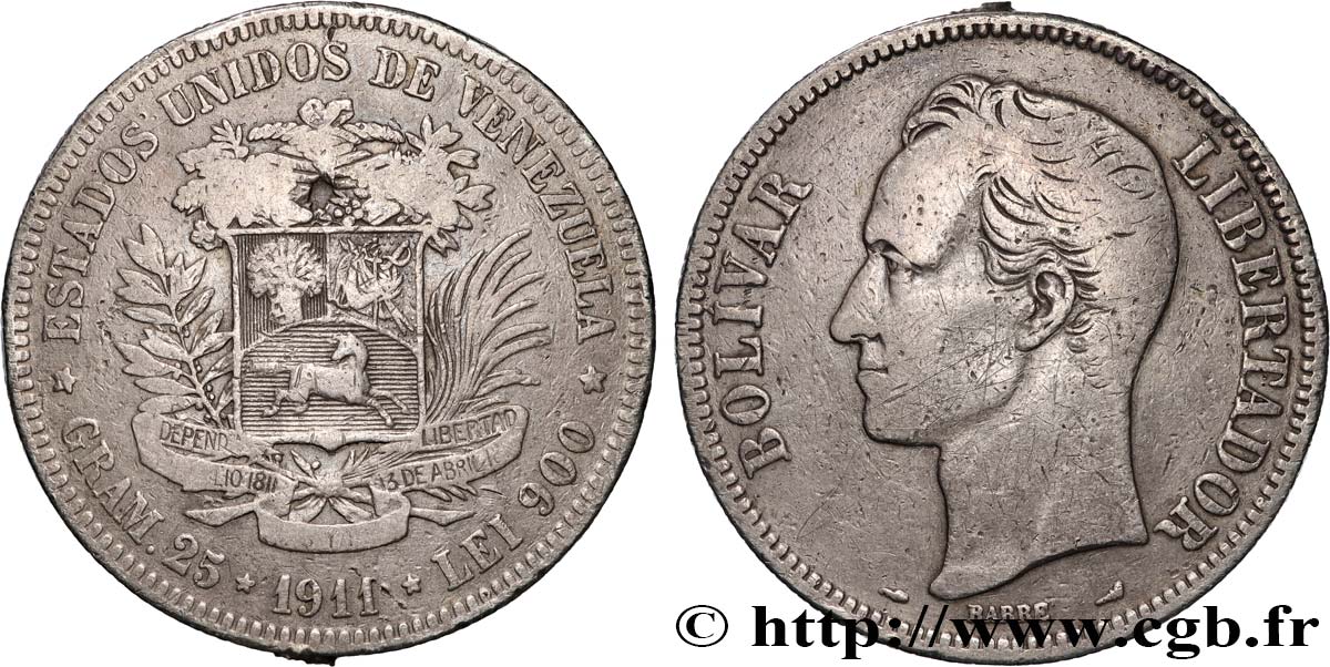 VENEZUELA 5 Bolivares Simon Bolivar 1911 Paris fSS 