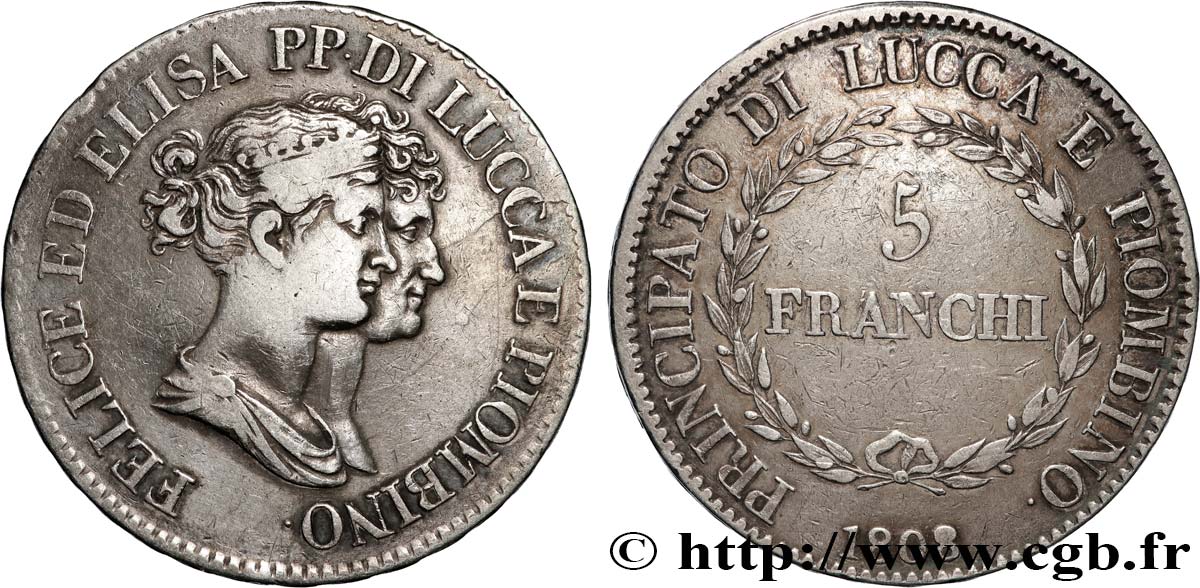 ITALIE - PRINCIPAUTÉ DE LUCQUES ET PIOMBINO - FÉLIX BACCIOCHI et ÉLISA BONAPARTE 5 Franchi  1808 Florence TB+ 