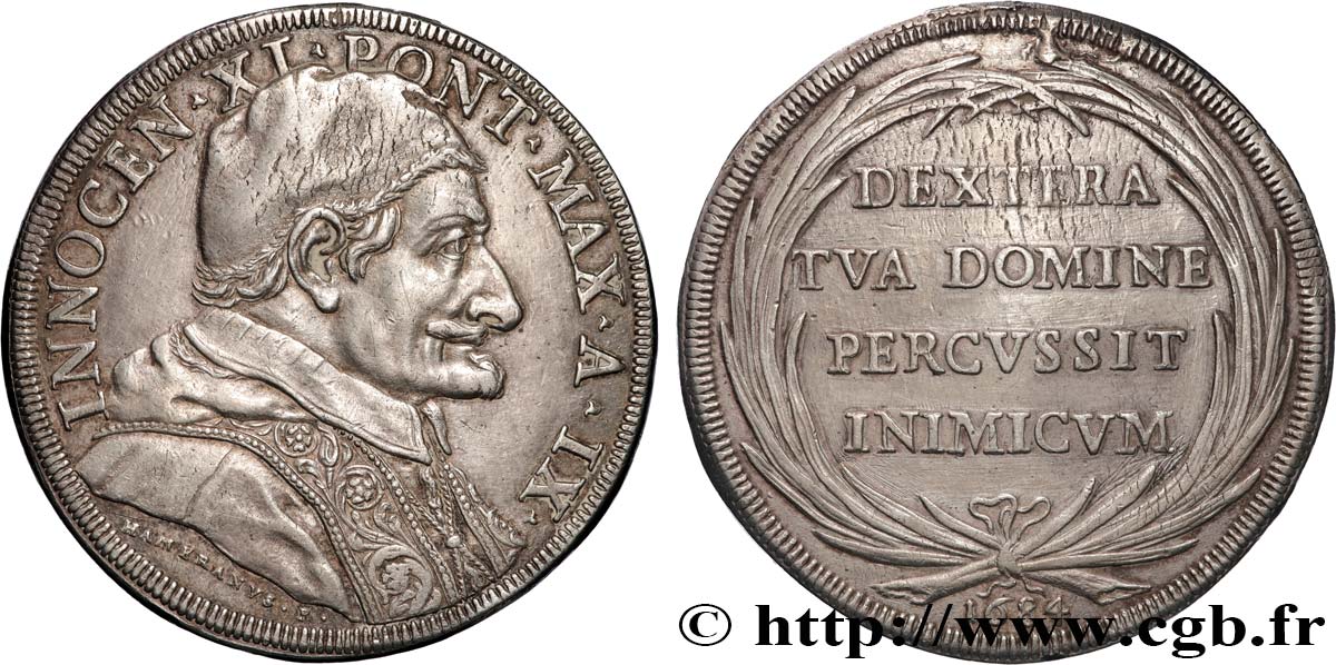 ITALY - PAPAL STATES - INNOCENT XI (Benedetto Odescalchi) 1 Piastre (Scudo de 80 Bolognini) an VIII 1684  XF 