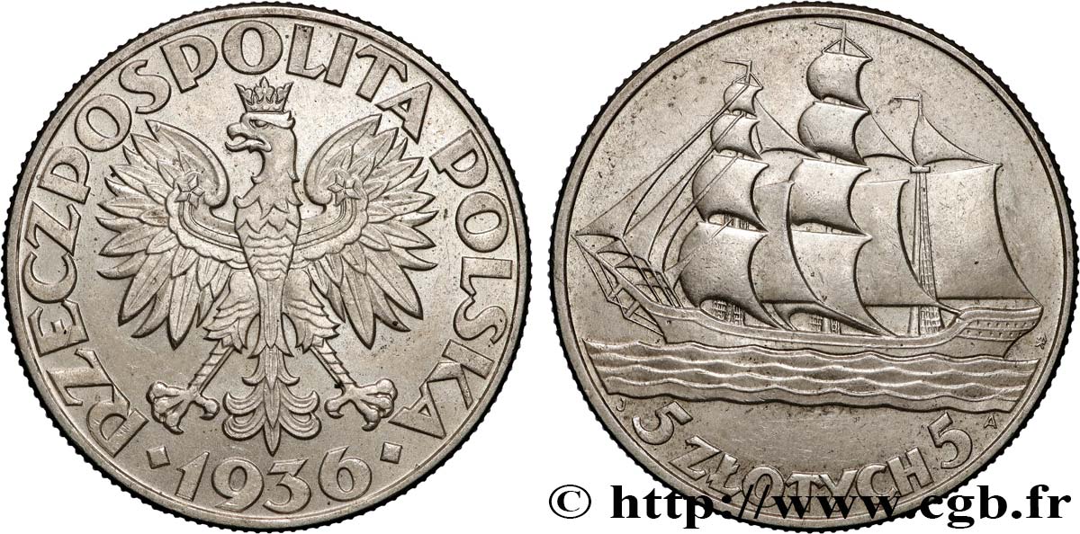 POLONIA 5 Zlotych 15e anniversaire du port de Gdynia, voilier 1936 Varsovie EBC 