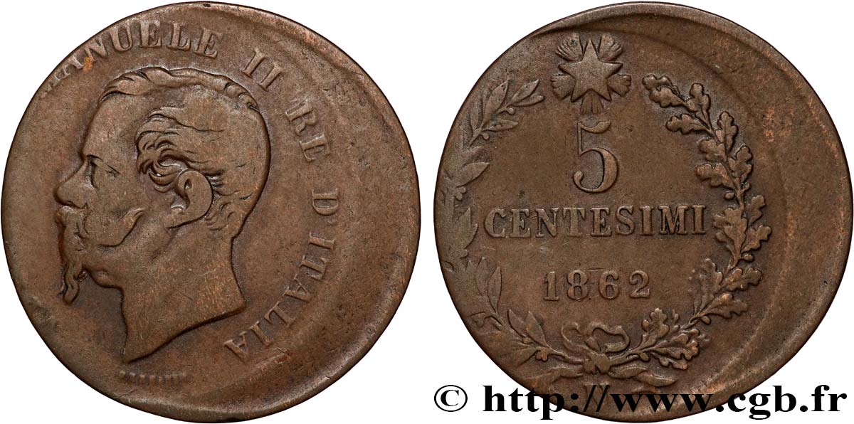 ITALY - VICTOR EMMANUEL II 5 centesimi, frappe décentrée 1862 Naples VF 