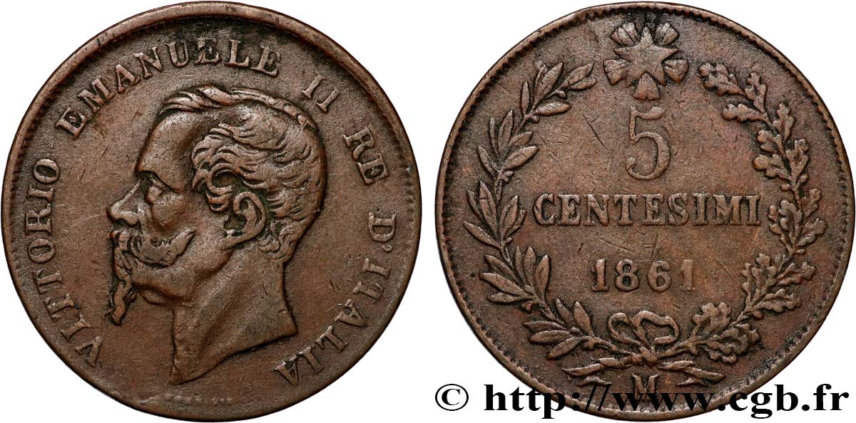 ITALY 5 Centesimi Victor Emmanuel II 1861 Milan VF 