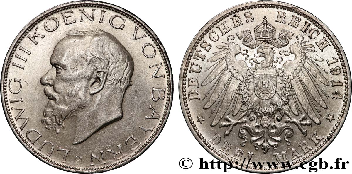 GERMANY - KINGDOM OF BAVARIA - LUDWIG III 3 Mark  1914 Munich AU 