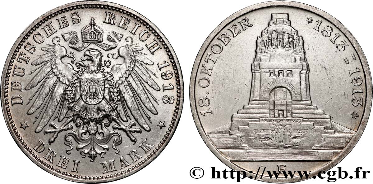 ALLEMAGNE - SAXE 3 Mark ‘Monument de la Bataille des Peuples’  1913 Muldenhütten SUP 