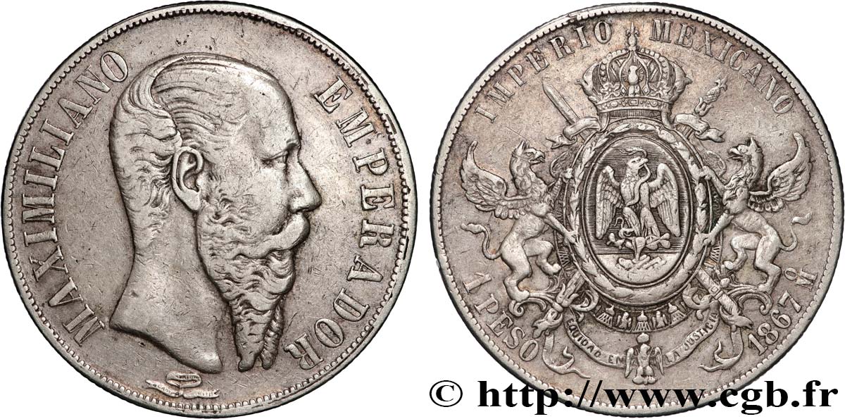 MEXIQUE - MAXIMILIEN Ier 1 Peso 1867 Mexico BC+ 