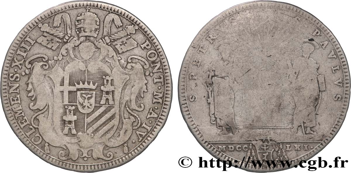 ITALIE - ÉTATS DU PAPE - CLEMENT XIII (Charles Rezzonico) 1 Teston an IV 1761 Rome TB+/TB 