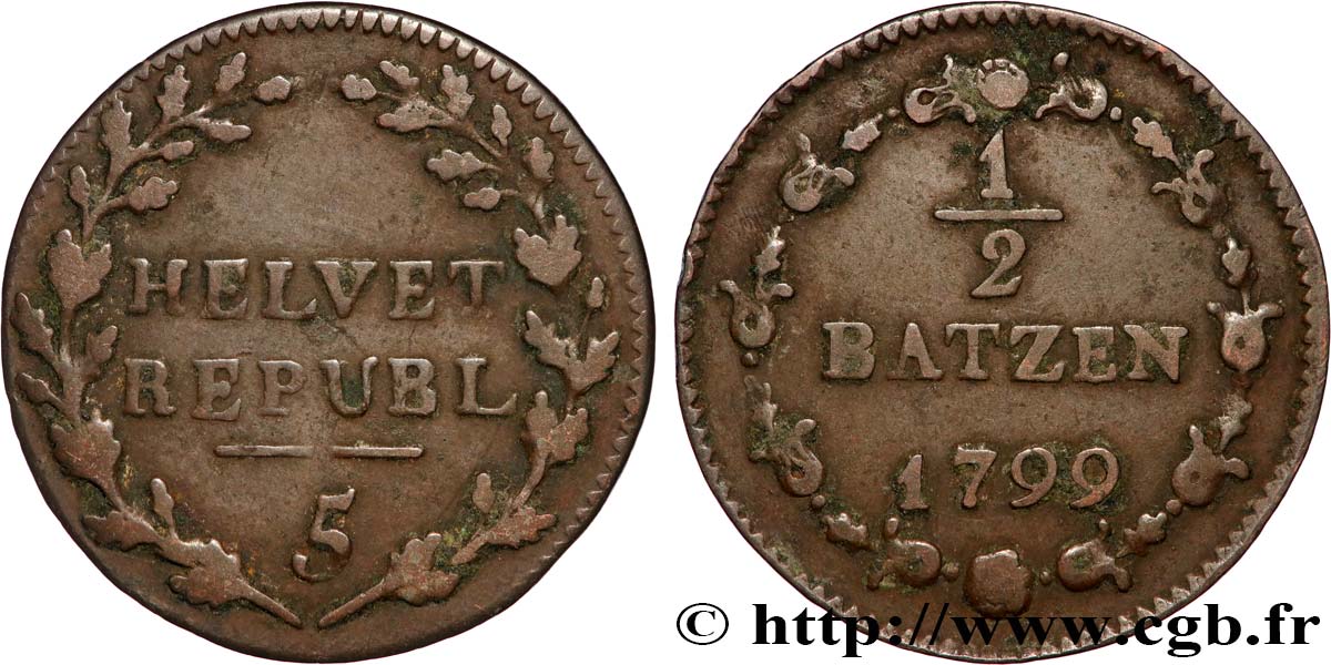 SUISSE - RÉPUBLIQUE HELVÉTIQUE 1/2 Batzen 1799 Berne TB 