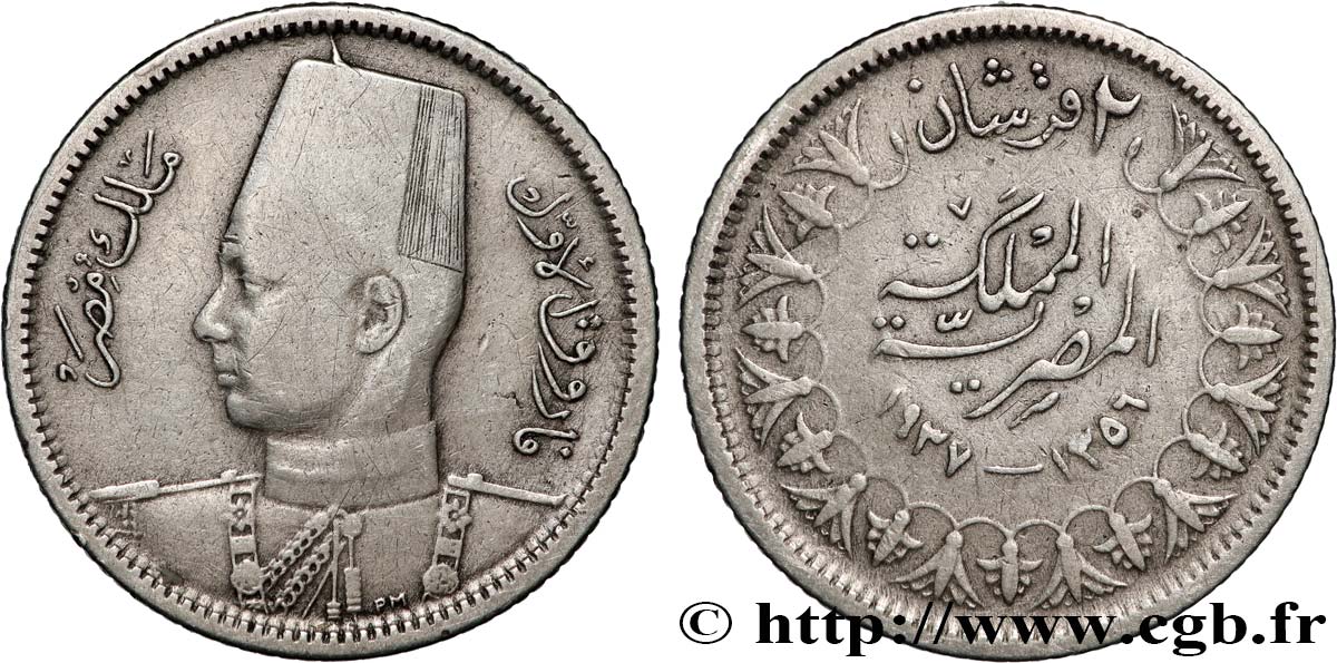 EGIPTO 2 Piastres Roi Farouk an AH1356 1937  BC 