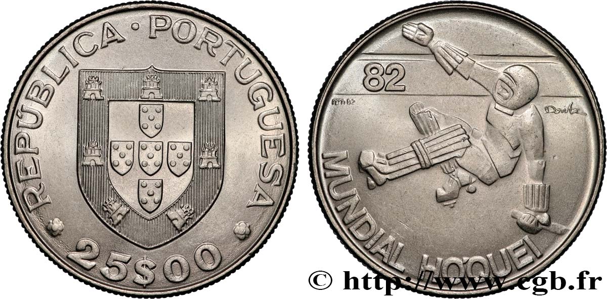 PORTUGAL 25 Escudos Mondial de Rink Hockey : emblème / hockey 1982 Lisbonne MS 