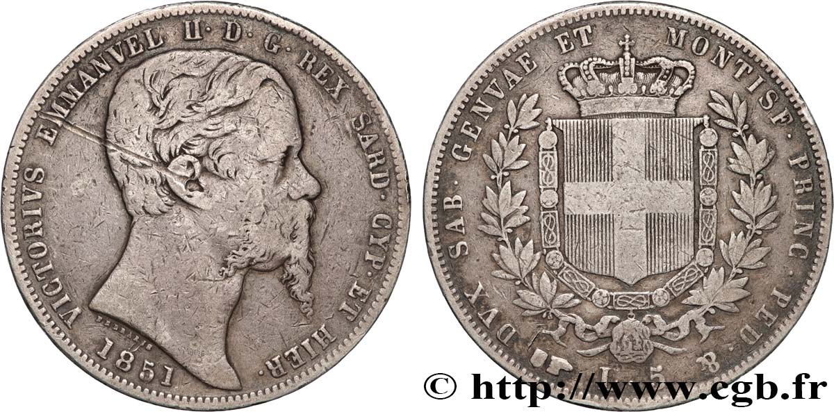 ITALIEN - SARDINIEN KÖNIGREICH - VIKTOR EMMANUEL II. 5 Lire  1851 Turin S 