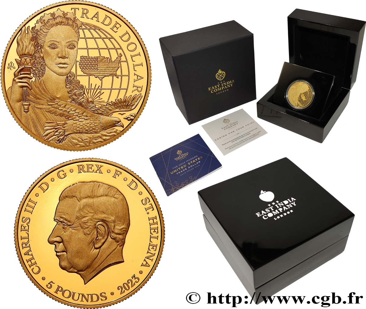 INVESTMENT GOLD 1 Oz - 5 Pounds (Livres) Trade Dollar 2023  ST 