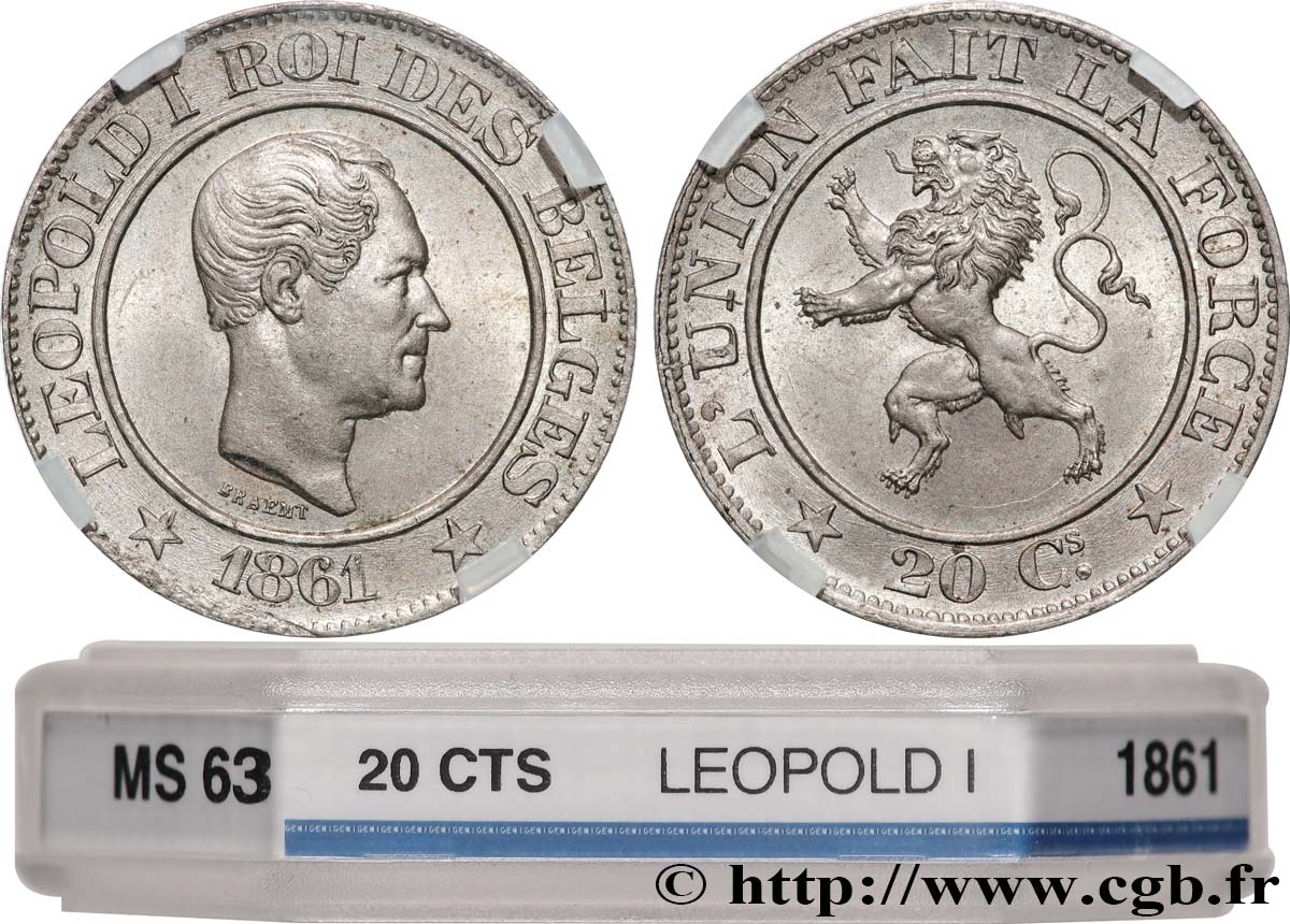 BELGIUM 20 Centimes Léopold Ier 1861  MS63 GENI