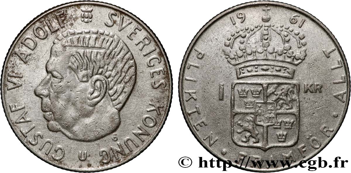 SUÈDE 1 Krona Gustave VI 1961  TTB 