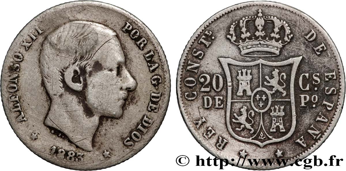 FILIPINAS 20 Centimos de Peso Alphonse XII 1883 Manille BC 