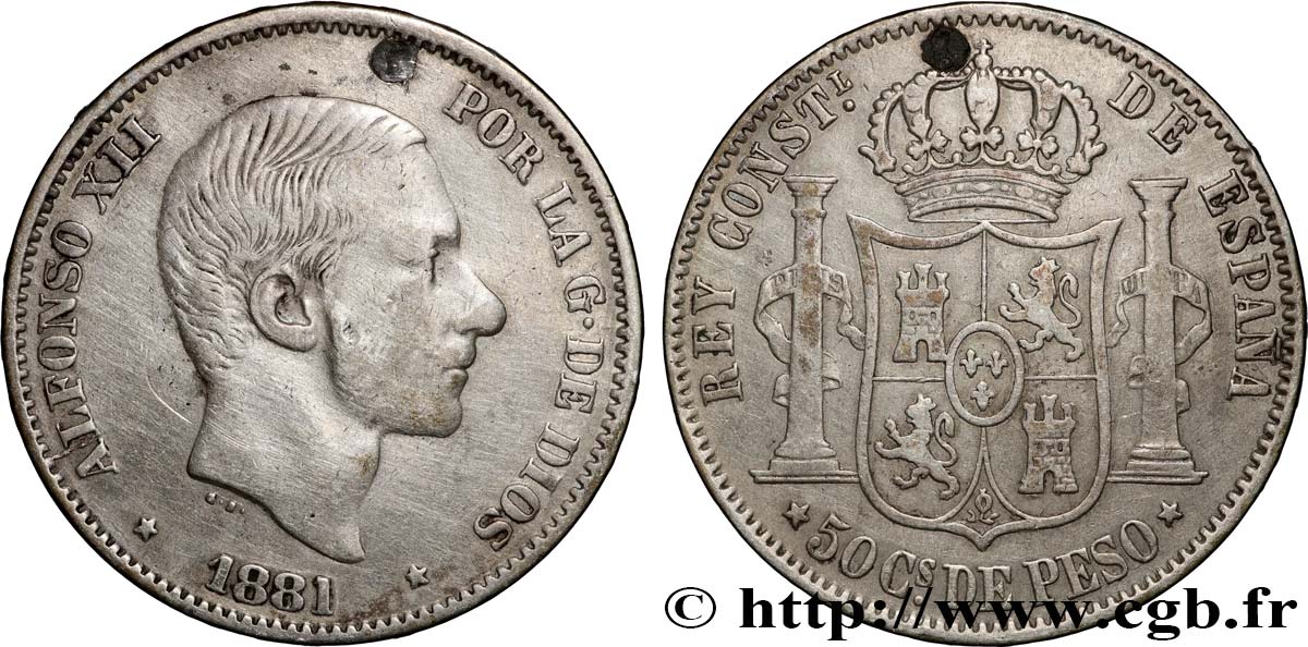 FILIPINAS 50 Centimos de Peso Alphonse XII 1881 Manille MBC 