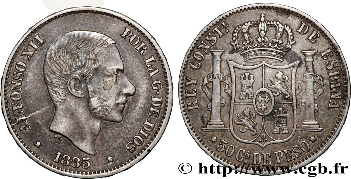 PHILIPPINES 50 Centimos de Peso Alphonse XII (1885/3) 1885 Manille TTB+ 