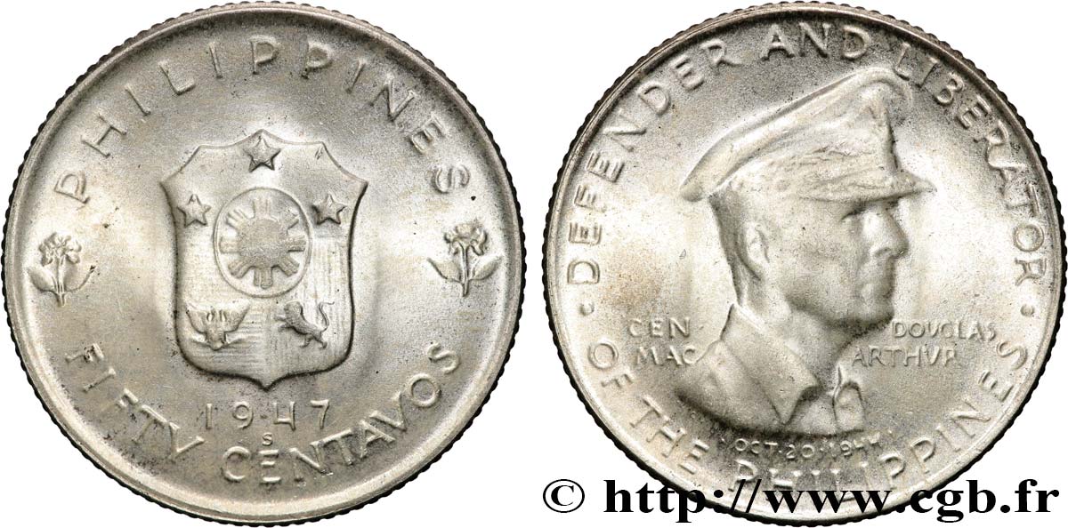 PHILIPPINES 50 Centavos Douglas McArthur 1947 San Francisco MS 