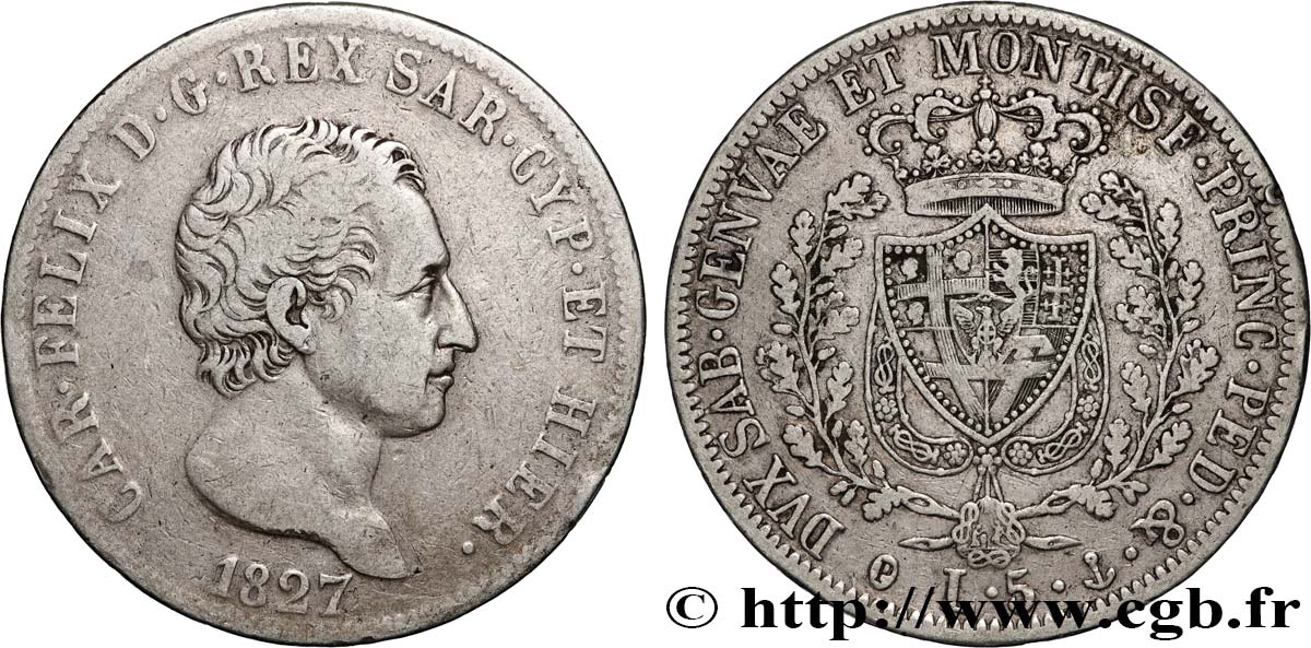 ITALIEN - KÖNIGREICH SARDINIEN -  KARL FELIX 5 Lire  1827 Gênes SS 