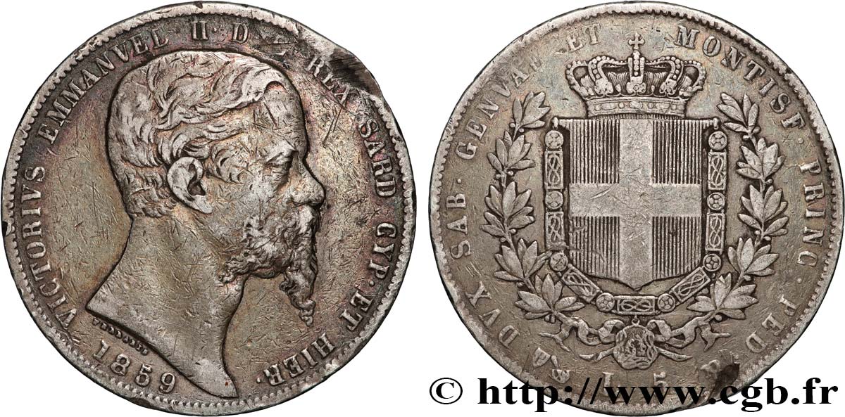 ITALIE - ROYAUME DE SARDAIGNE 5 Lire Victor Emmanuel II 1859 Gênes TB+ 