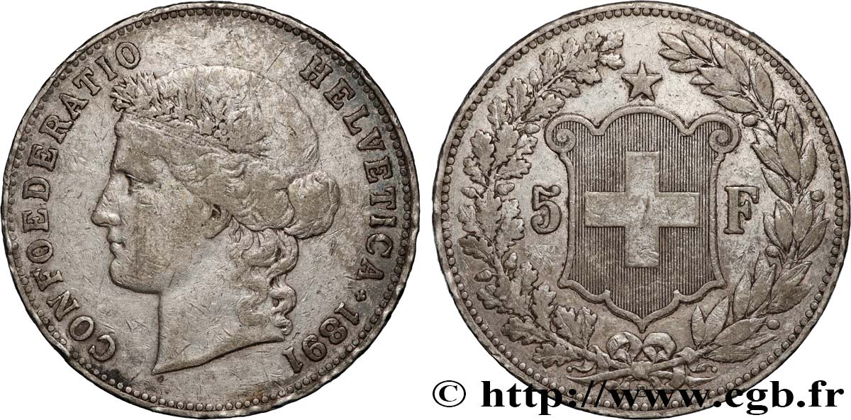 SUISSE 5 Francs Helvetia 1891 Berne TB+ 