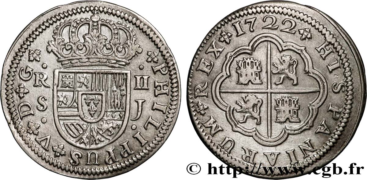 SPAIN 2 Reales au nom de Philippe V 1722 Séville AU 