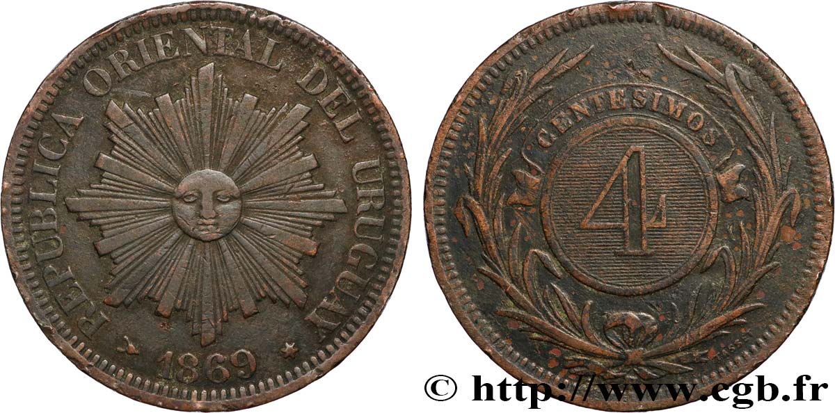 URUGUAY 4 Centesimos soleil 1869 Heaton SS 