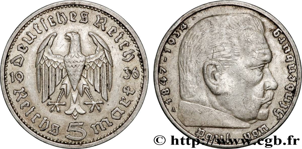 ALEMANIA 5 Reichsmark Maréchal Paul von Hindenburg 1936 Berlin MBC 