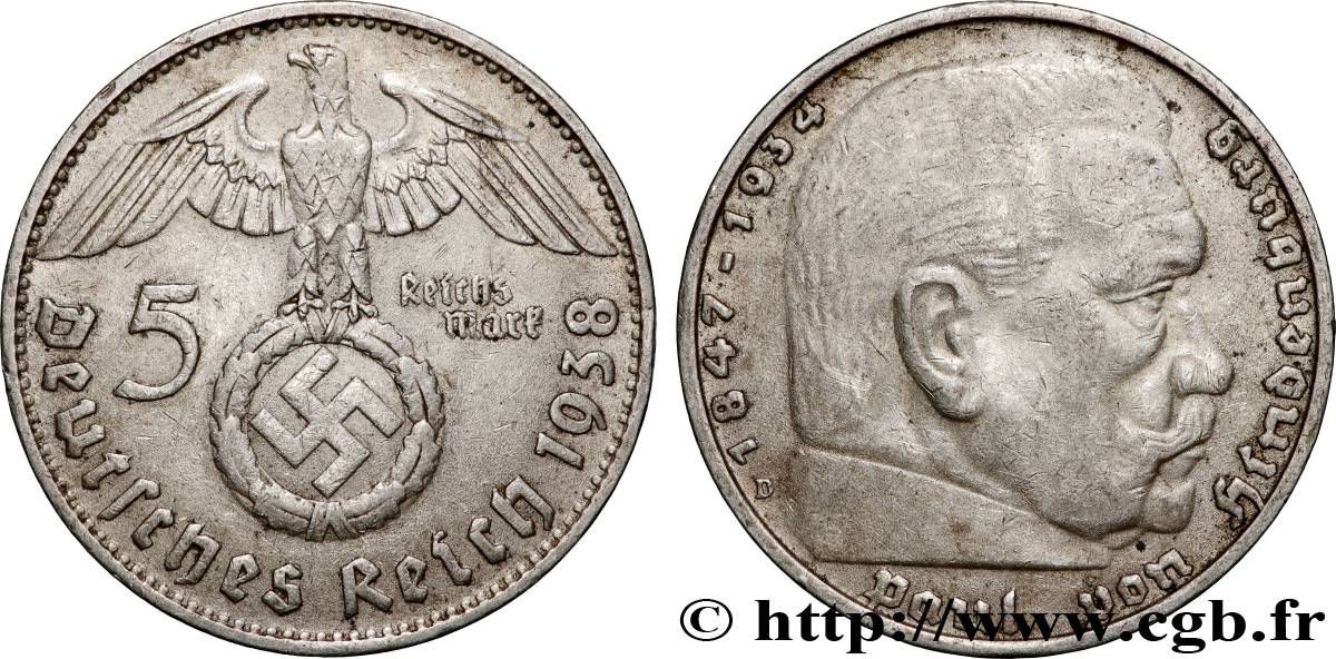 ALLEMAGNE 5 Reichsmark Maréchal Paul von Hindenburg 1938 Munich - D TTB 