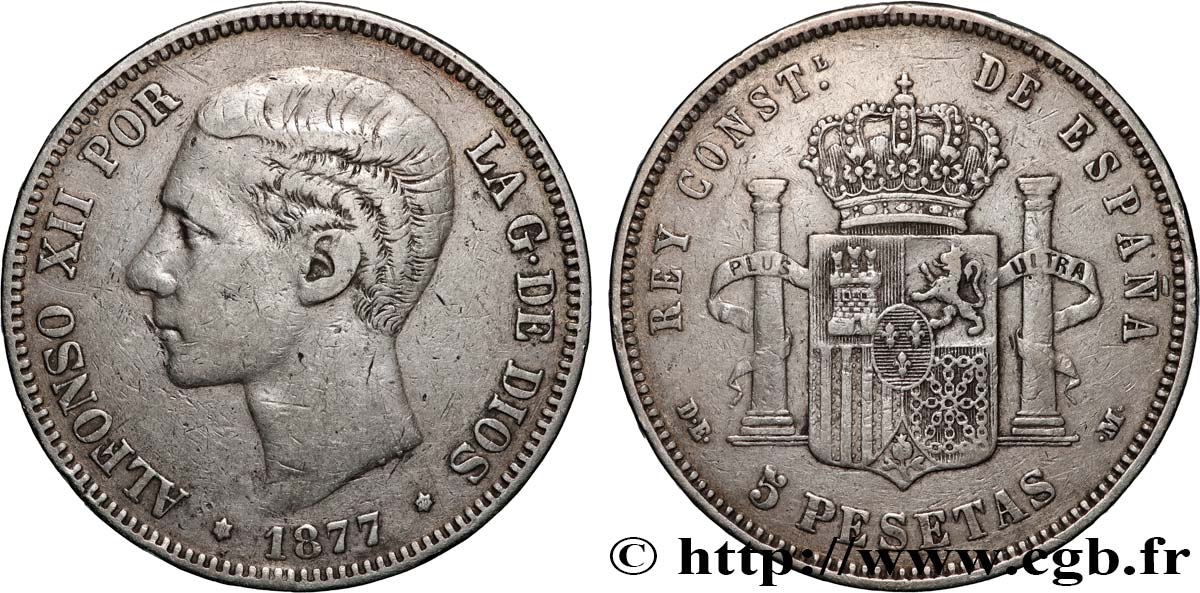 ESPAÑA 5 Pesetas Alphonse XII  1877 Madrid BC+ 